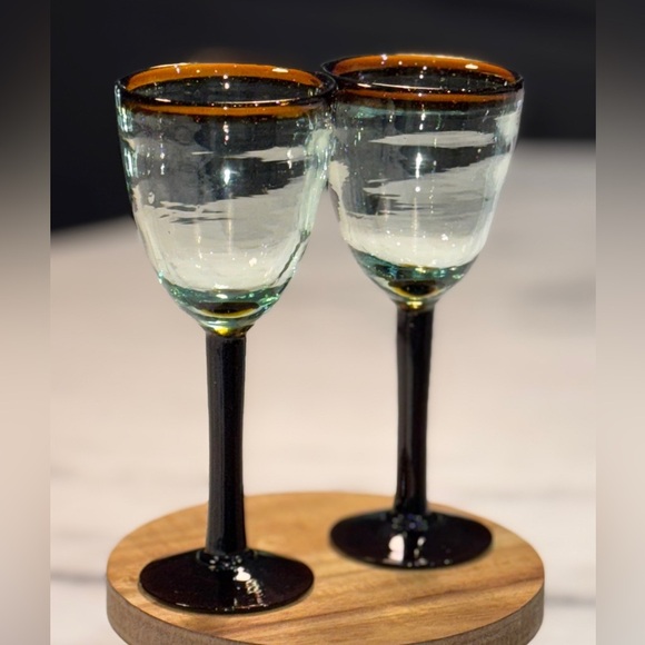 2 Set Hand Blown Wine Glasses. Amber Rim and Stem - Picture 1 of 5